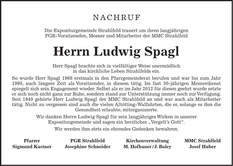Traueranzeige Ludwig Spagl
