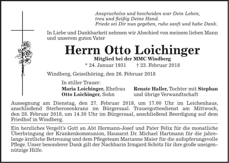 Traueranzeige Otto Loichinger