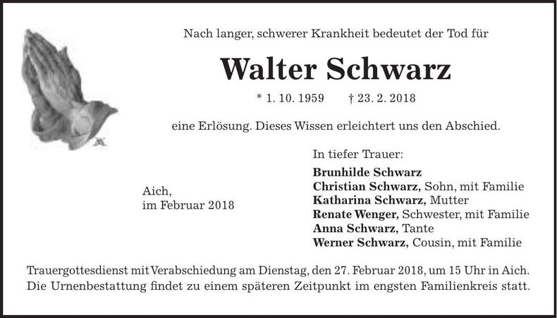 Traueranzeige Walter Schwarz