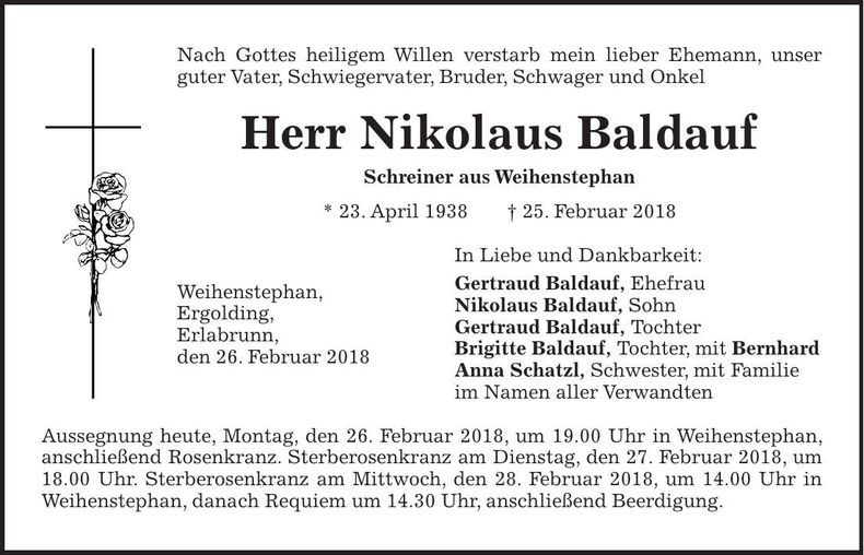 Traueranzeige Nikolaus Baldauf