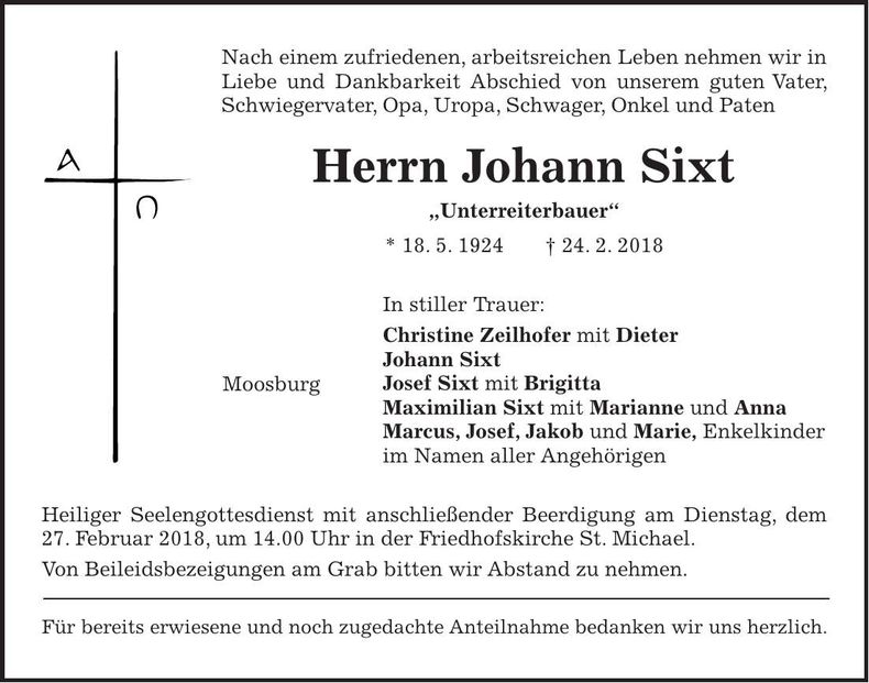 Traueranzeige Johann Sixt