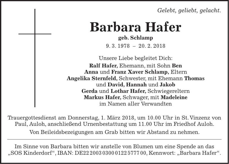Traueranzeige Barbara Hafer