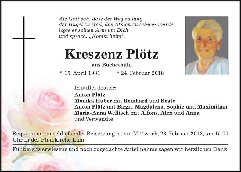 Traueranzeige Kreszenz Plötz