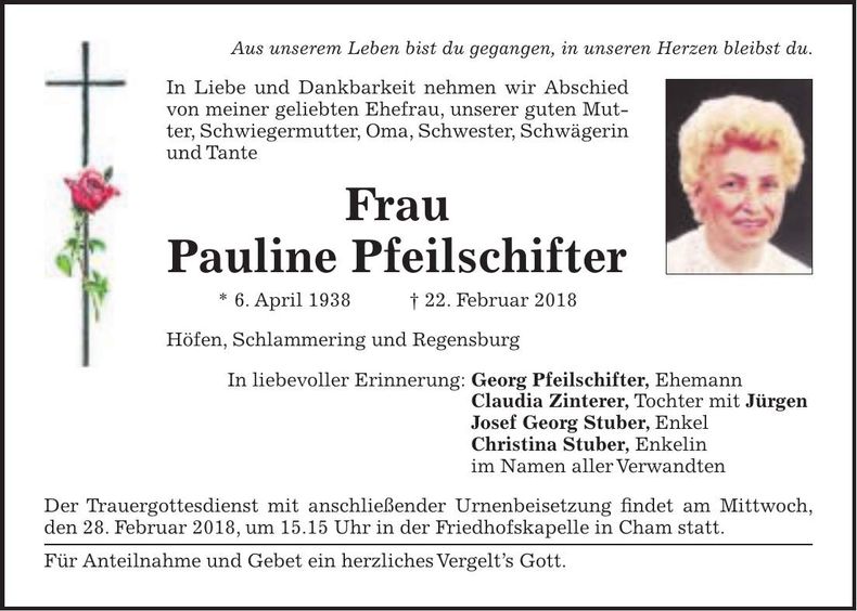 Traueranzeige Pauline Pfeilschifter