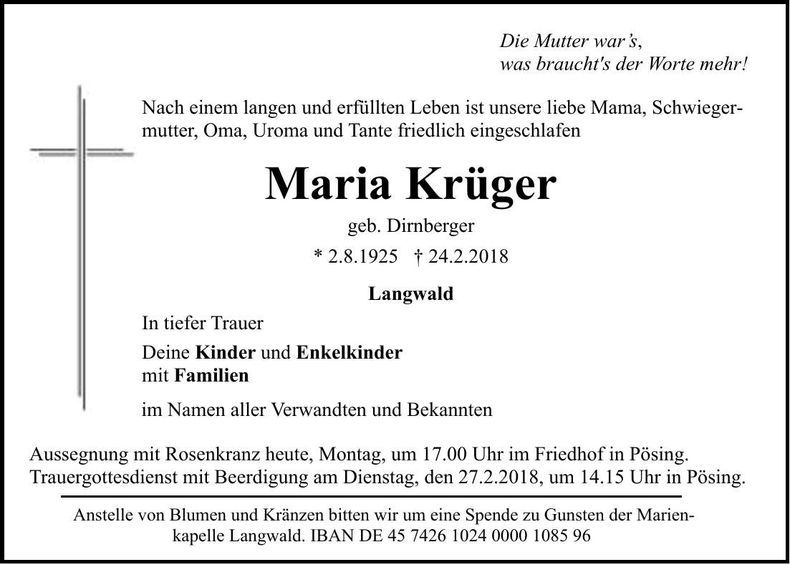 Traueranzeige Maria Krüger