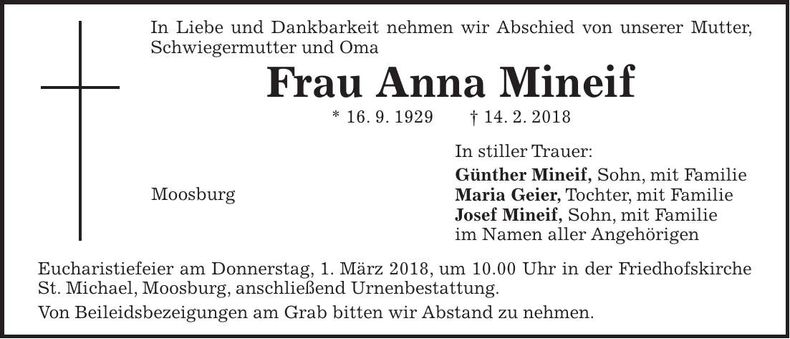 Traueranzeige Anna Mineif