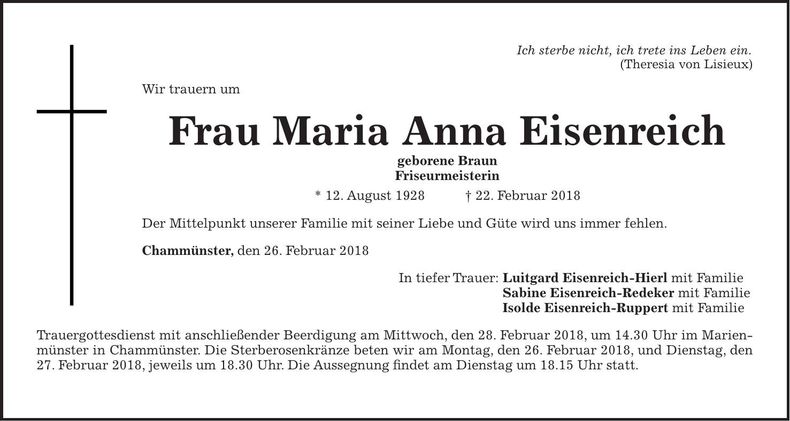 Traueranzeige Maria Anna Eisenreich