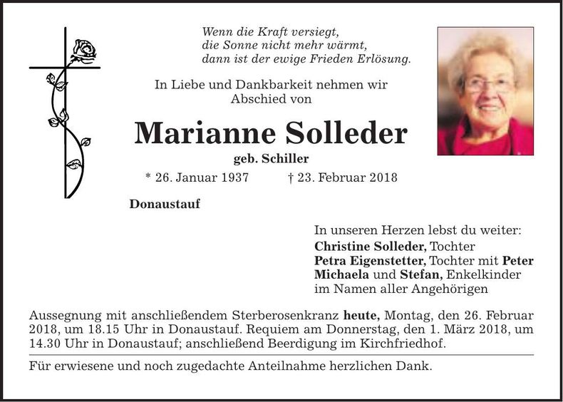 Traueranzeige Marianne Solleder