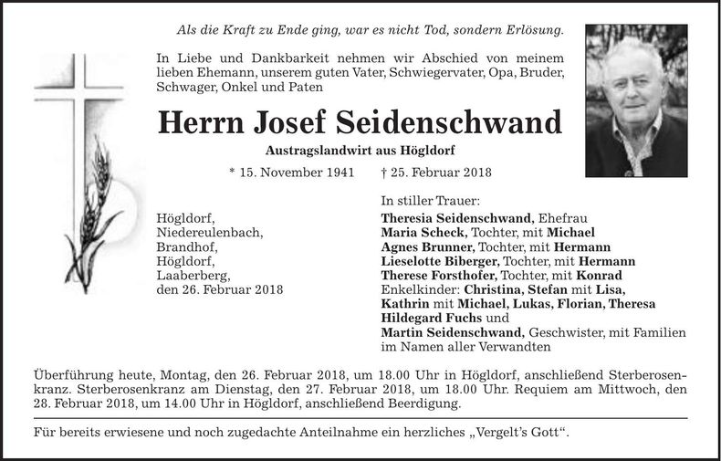 Traueranzeige Josef Seidenschwand