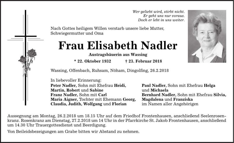 Traueranzeige Elisabeth Nadler