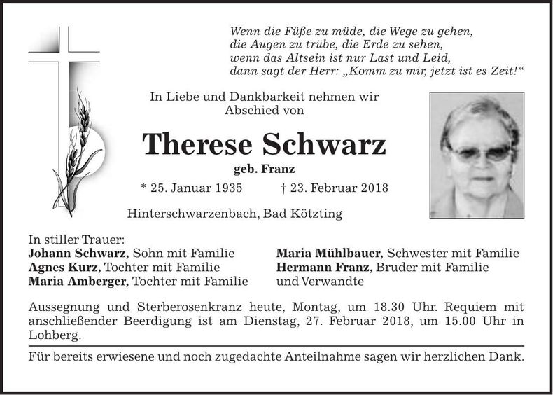 Traueranzeige Therese Schwarz