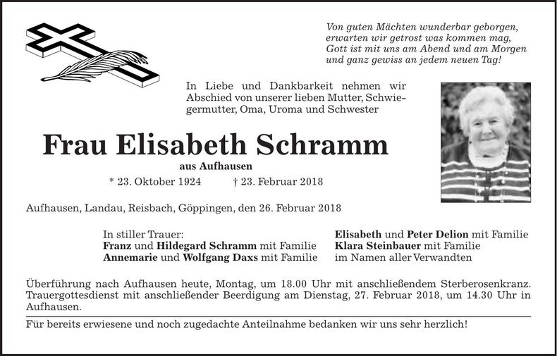 Traueranzeige Elisabeth Schramm
