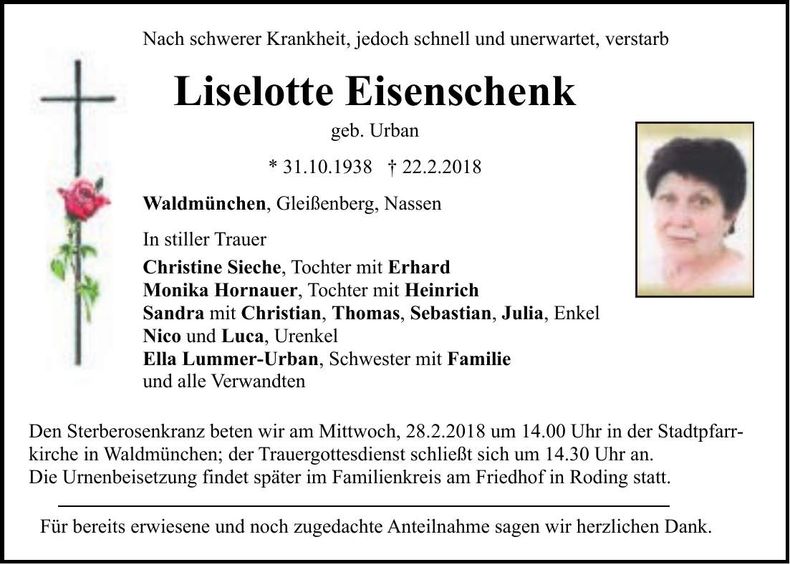 Traueranzeige Liselotte Eisenschenk