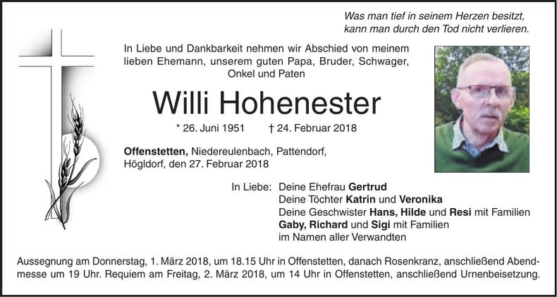 Traueranzeige Willi Hohenester