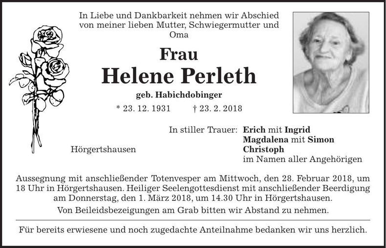 Traueranzeige Helene Perleth