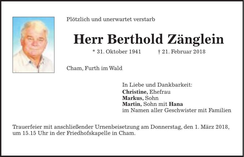 Traueranzeige Berthold Zänglein