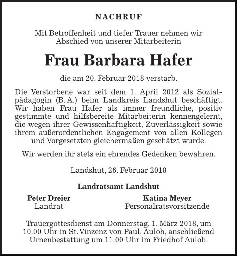 Traueranzeige Barbara Hafer
