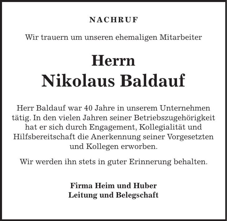 Traueranzeige Nikolaus Baldauf