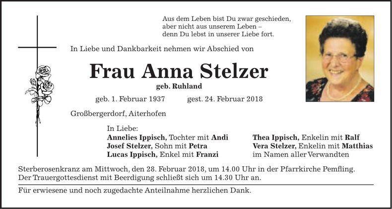 Traueranzeige Anna Stelzer