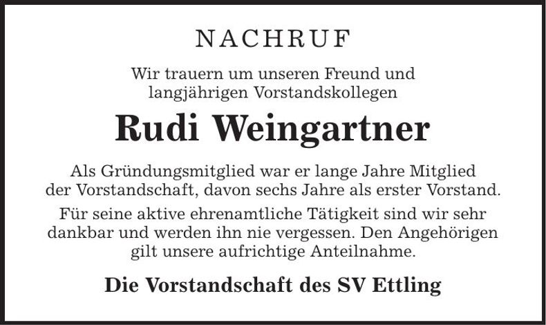 Traueranzeige Rudi Weingartner