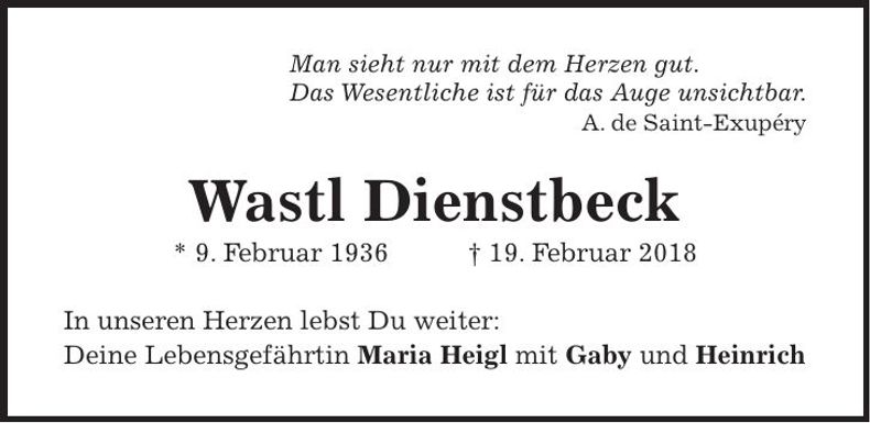 Traueranzeige Wastl Dienstbeck