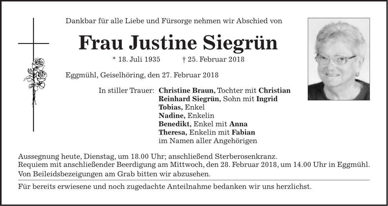 Traueranzeige Justine Siegrün