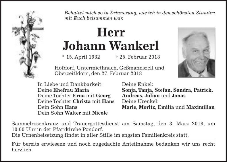 Traueranzeige Johann Wankerl