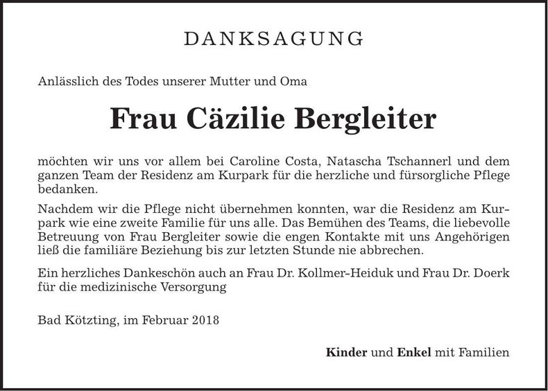 Traueranzeige Cäzilie Bergleiter