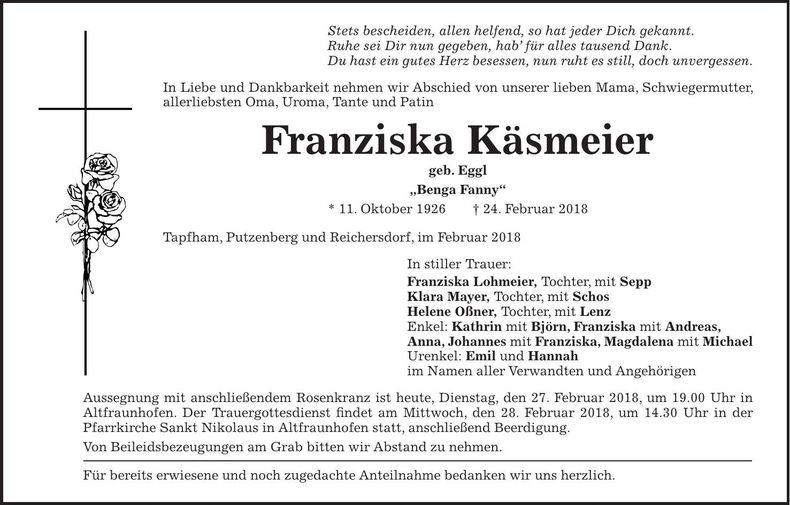 Traueranzeige Franziska Käsmeier
