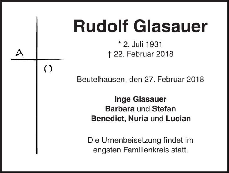 Traueranzeige Rudolf Glasauer