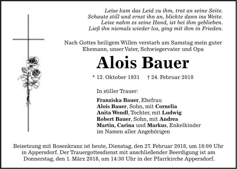 Traueranzeige Alois Bauer