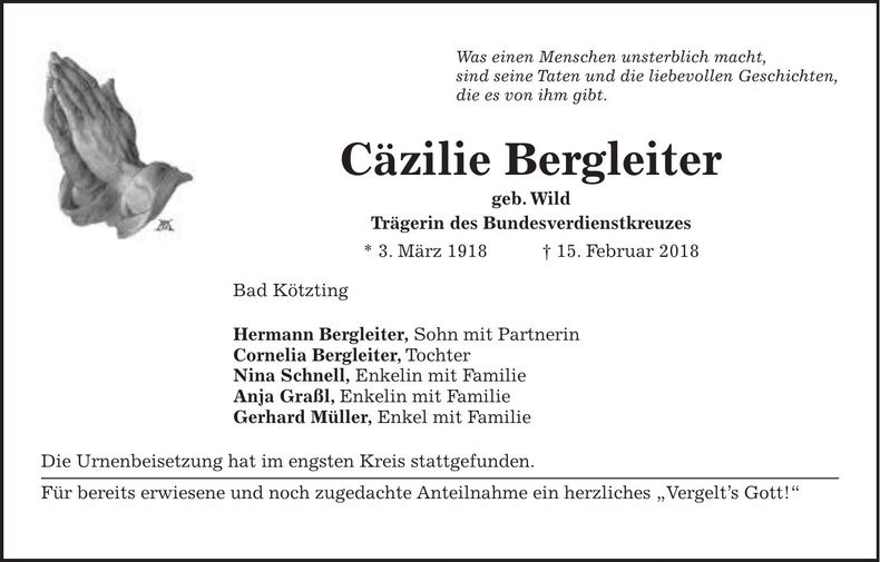 Traueranzeige Cäzilie Bergleiter