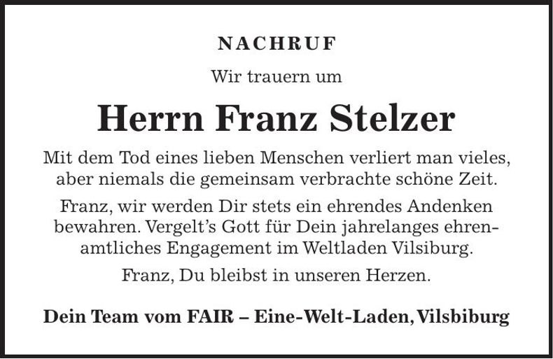 Traueranzeige Franz Stelzer