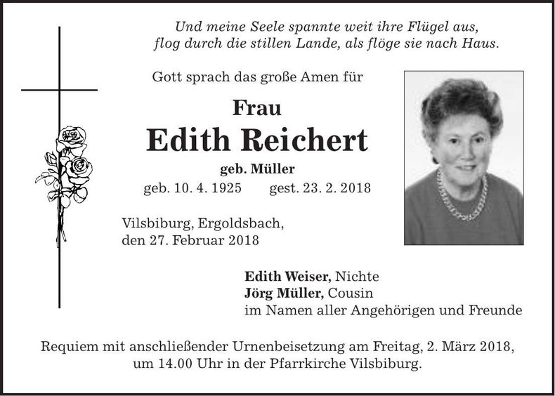 Traueranzeige Edith Reichert