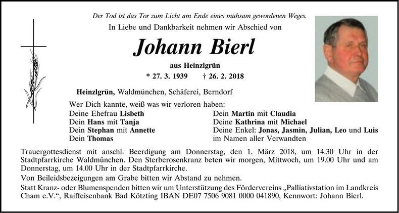 Traueranzeige Johann Bierl