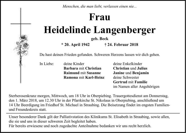 Traueranzeige Heidelinde Langenberger