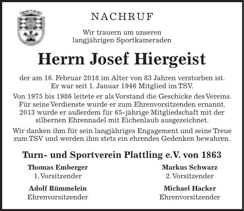 Traueranzeige Josef Hiergeist