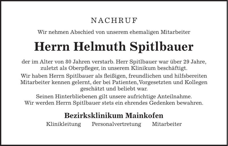 Traueranzeige Helmuth Spitlbauer
