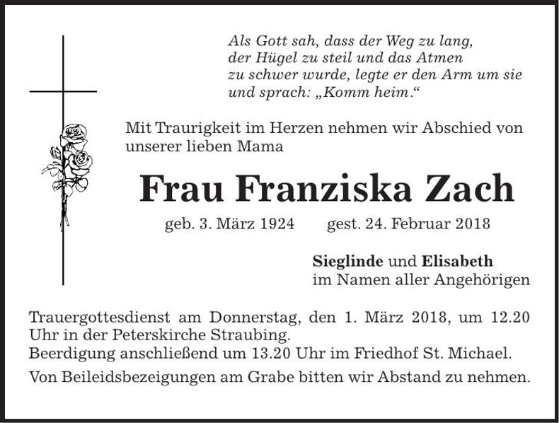 Traueranzeige Franziska Zach