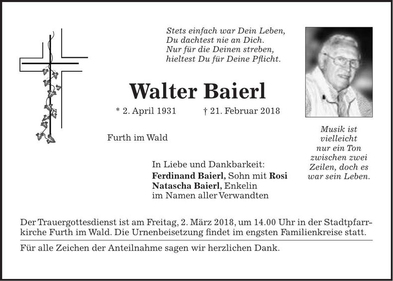 Traueranzeige Walter Baier
