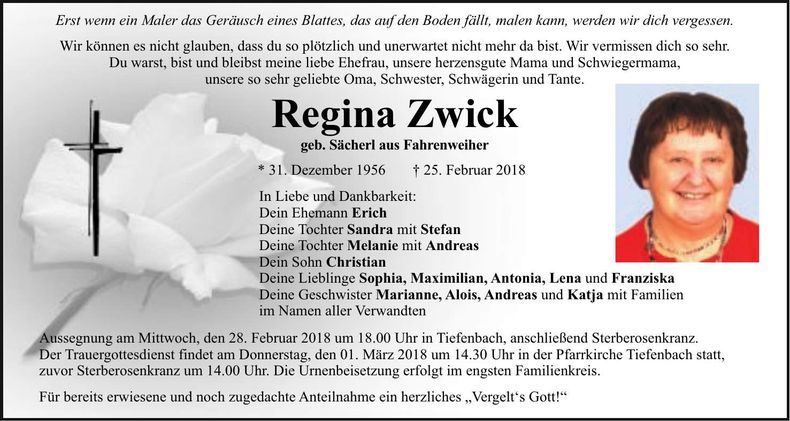 Traueranzeige Regina Zwick