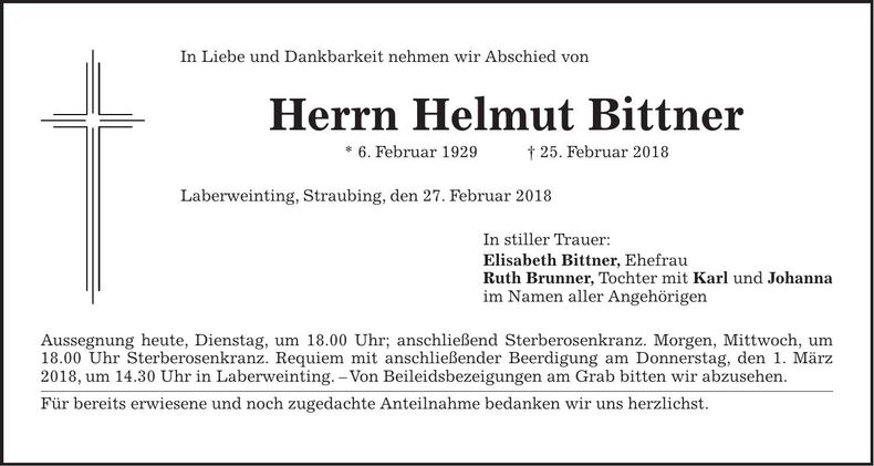 Traueranzeige Helmut Bittlner