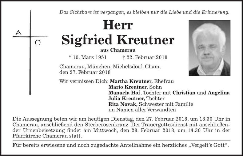 Traueranzeige Sigfried Kreutner