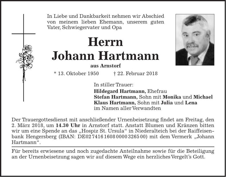 Traueranzeige Johann Hartmann