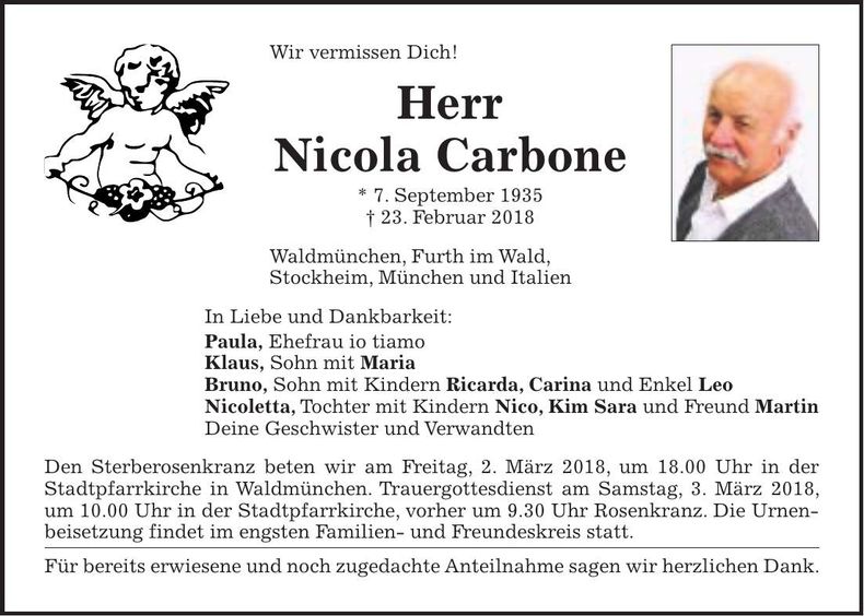 Traueranzeige Nicola Carbone
