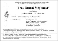 Traueranzeige Maria Stegbauer
