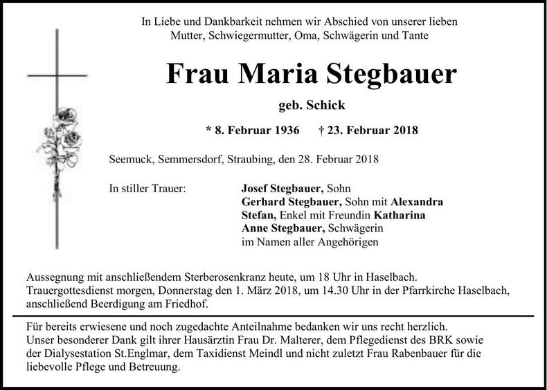 Traueranzeige Maria Stegbauer