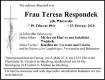Traueranzeige Teresa Respondek
