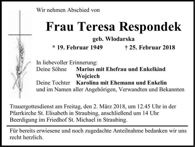 Traueranzeige Teresa Respondek
