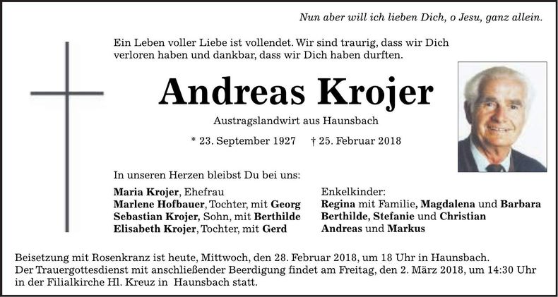 Traueranzeige Andreas Krojer